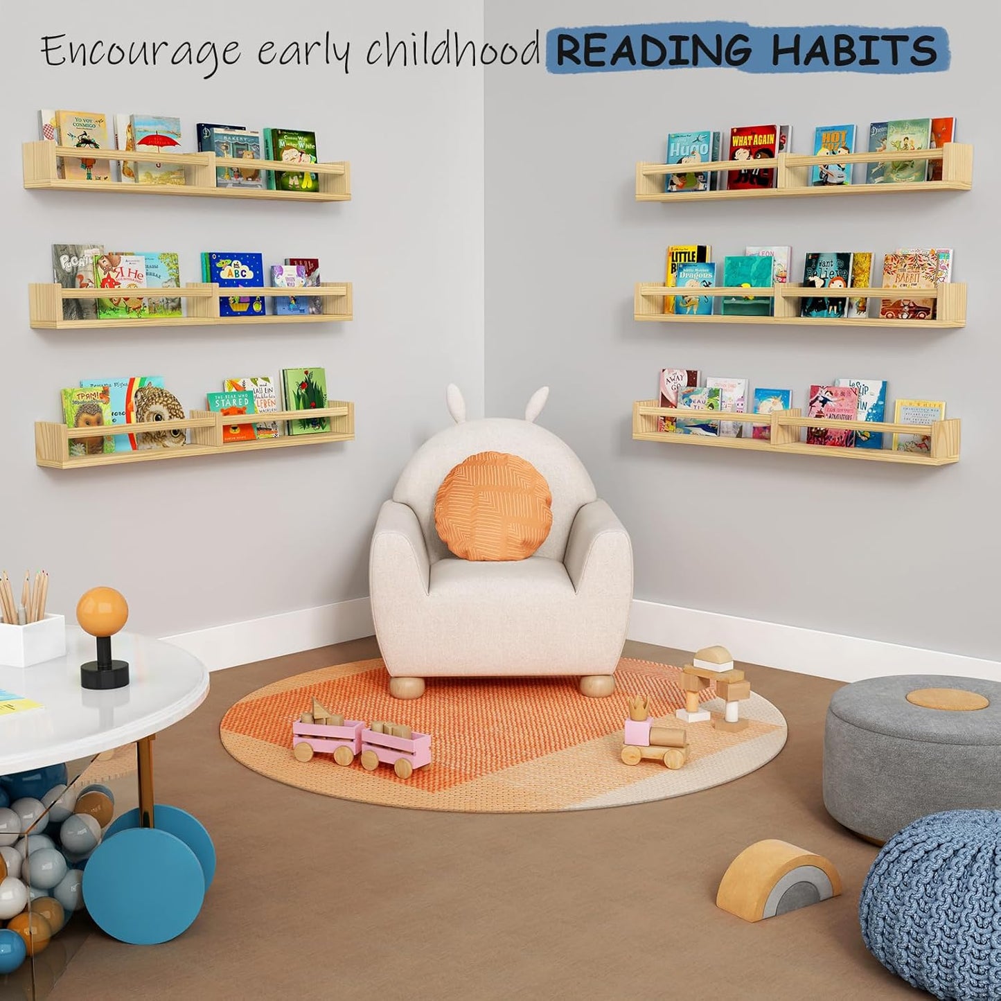 Floating Nursery Book Shelves for Wall, 32 Inch Long Bookshelf for Kids Room, Wooden Large Wall Shelf with Hanging Rod for Baby Toddler Child Bedroom (3-Pack, Natural Wood)