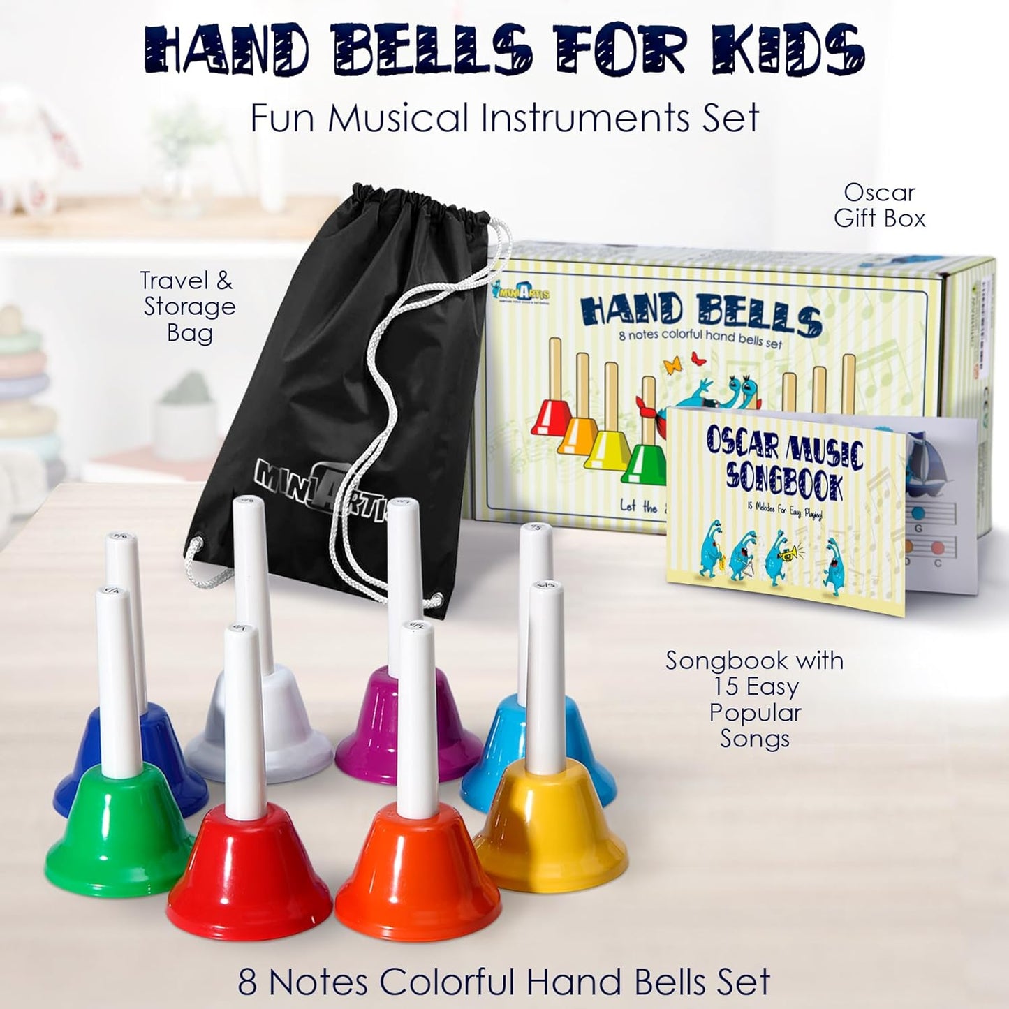 MINIARTIS Hand Bells for Kids | Educational Music Toys for Toddlers 8 Notes Colorful Handbells Set | Kids Musical Instrument with 15 Songbook | Great Birthday Gift for Children