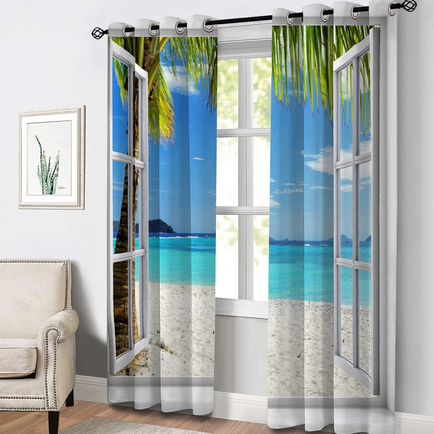 Aimego Ocean Beach Blackout Curtains Tropical Palm Trees White Wooden Window Scenery Decor for Bedroom Living Room Window Drapes Grommet Top Room Darkening Curtains 2 Panel Set 52"X63"