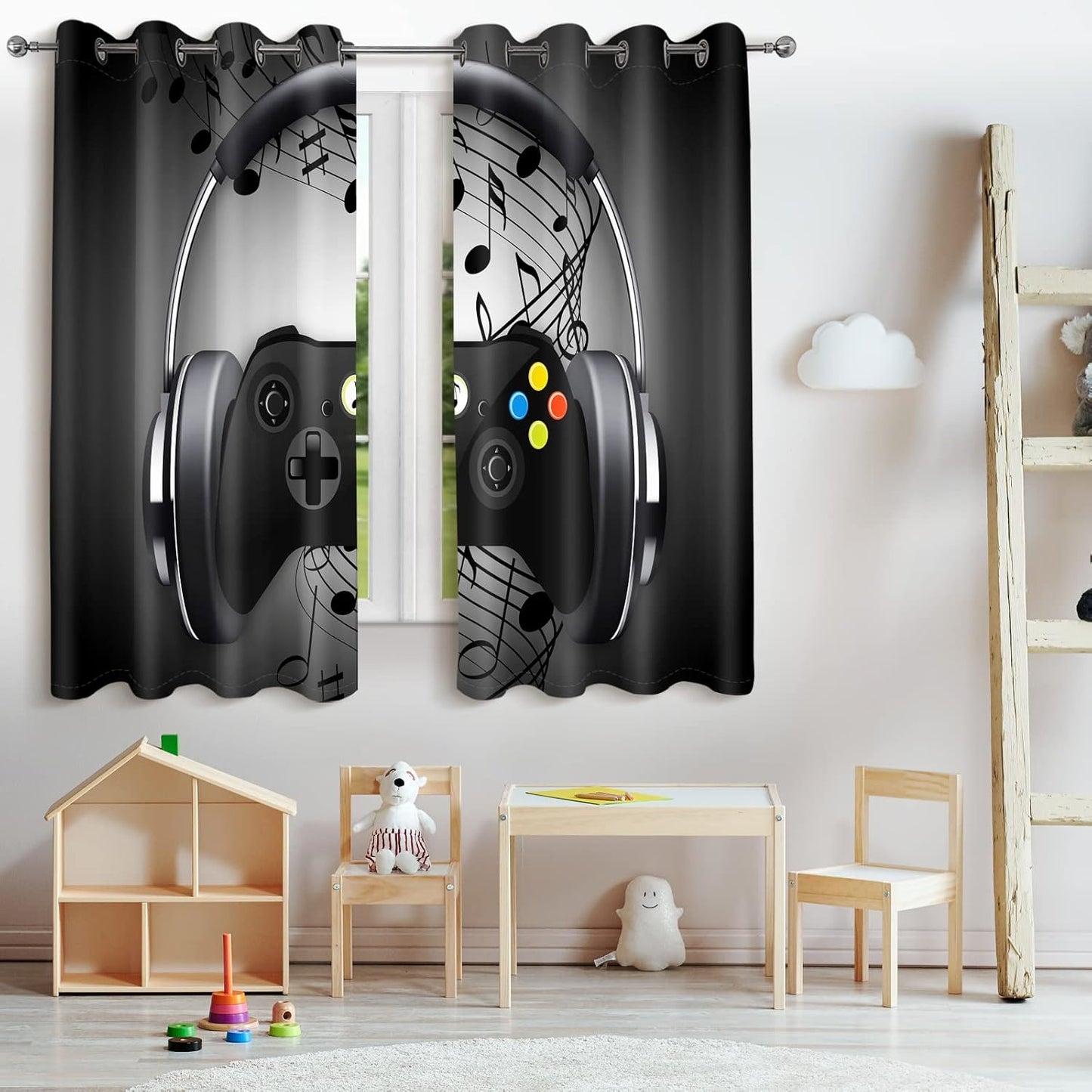 Jekeno Game Controller Blackout Curtains for Kids Boys Bedroom Black Grey Headphones Musical Notes Gamer Gaming Video Games Gamepad Decor Room Darkening Grommet Window Drapes 2 Panel Set, 42"x63"