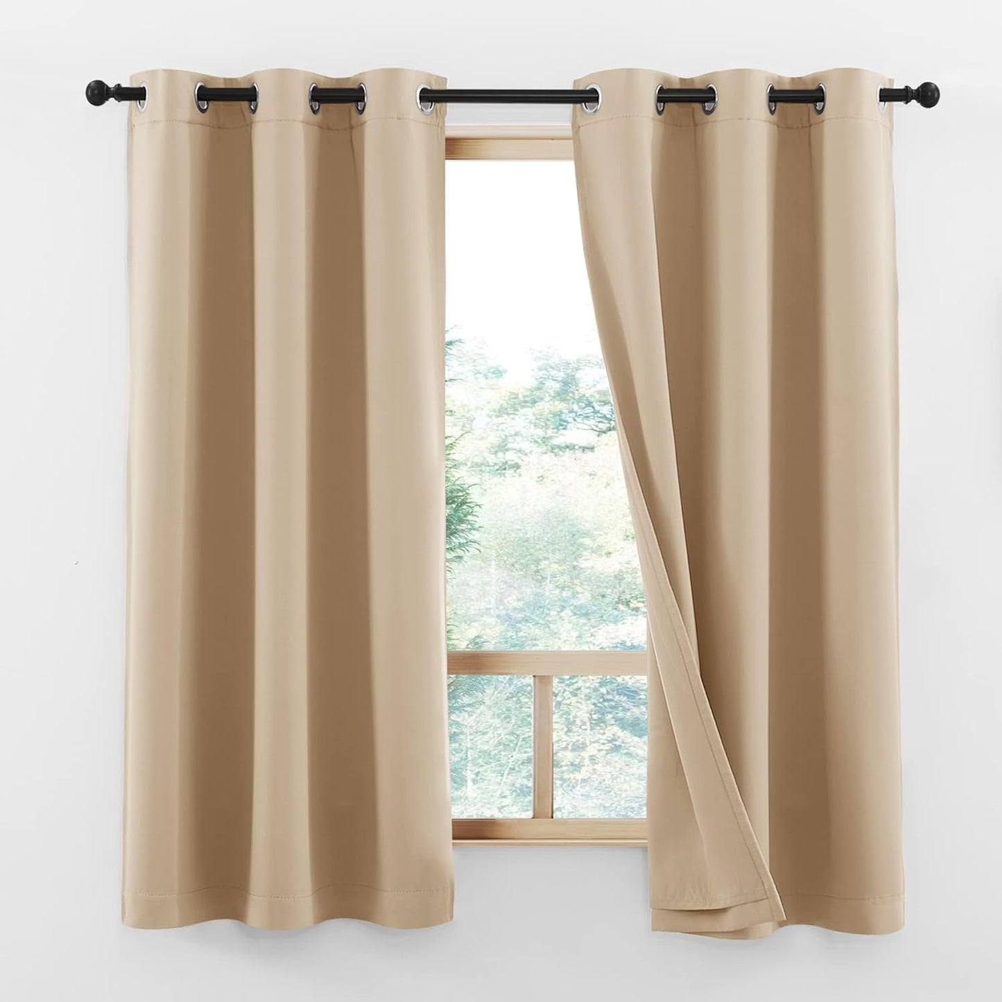 NICETOWN Bedroom Full Blackout Curtain Panels, Super Thick Insulated Window Covers, Complete Blackout Draperies with Liner for Short Window(Warm Beige, Set of 2 PCs, 52 by 63-inch)