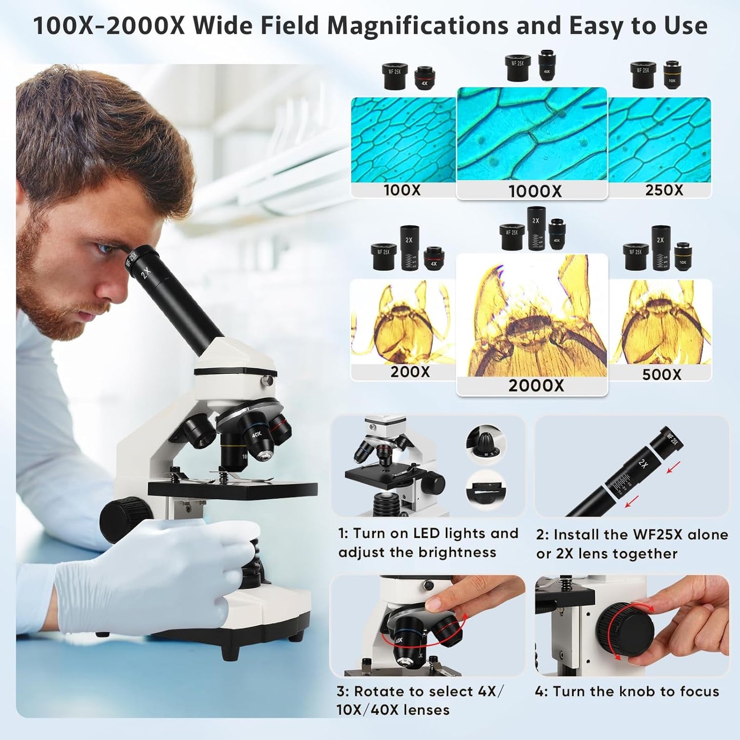 Microscope for Adults Professional:Compound Microscope for Kids 8-12,100X-2000X Kids Microscope Kit with Prepared Microscope Slides and Covers,Plant Stereo Microscopes for Kids Homeschool Lab