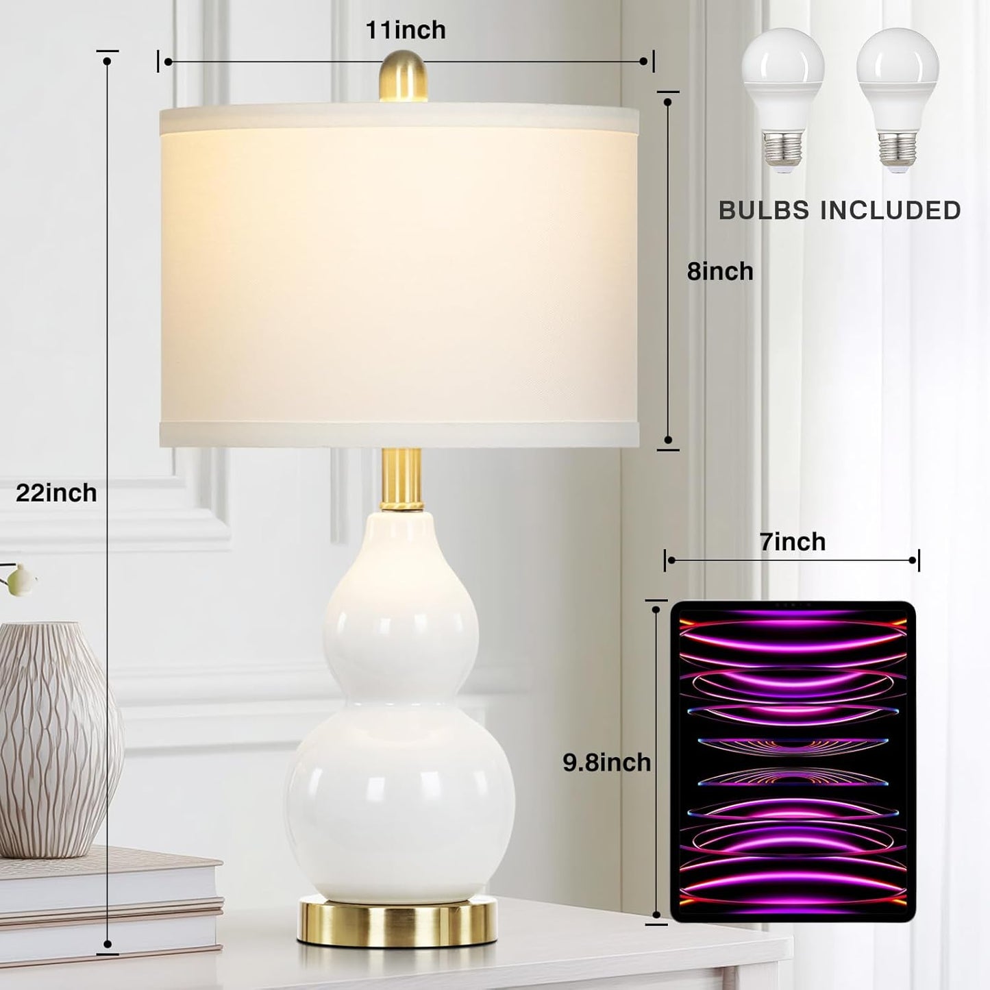 22" Modern Double Gourd Ceramic Table Lamps Set of 2, White Bedside Lamps for Living Room, Contemporary Nightstand Desk Lamps for Bedroom End Table Home Office Decor(2 LED Bulbs Included)