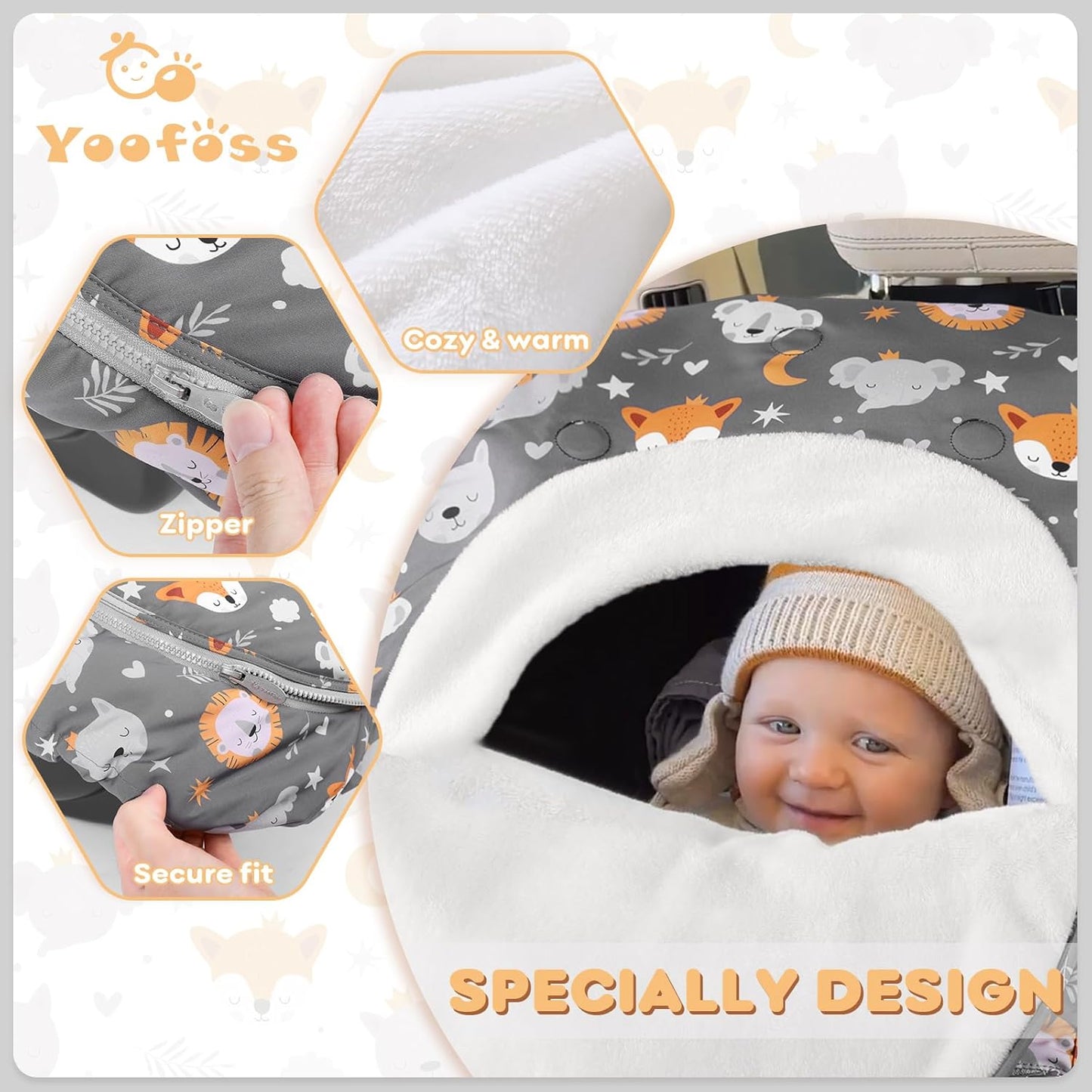 Yoofoss Baby Car Seat Cover Winter Carseat Canopies Cover to Protect Baby from Cold Wind, Super Warm Plush Fleece Baby Carrier Cover for Infant Boys Girls (Fox)
