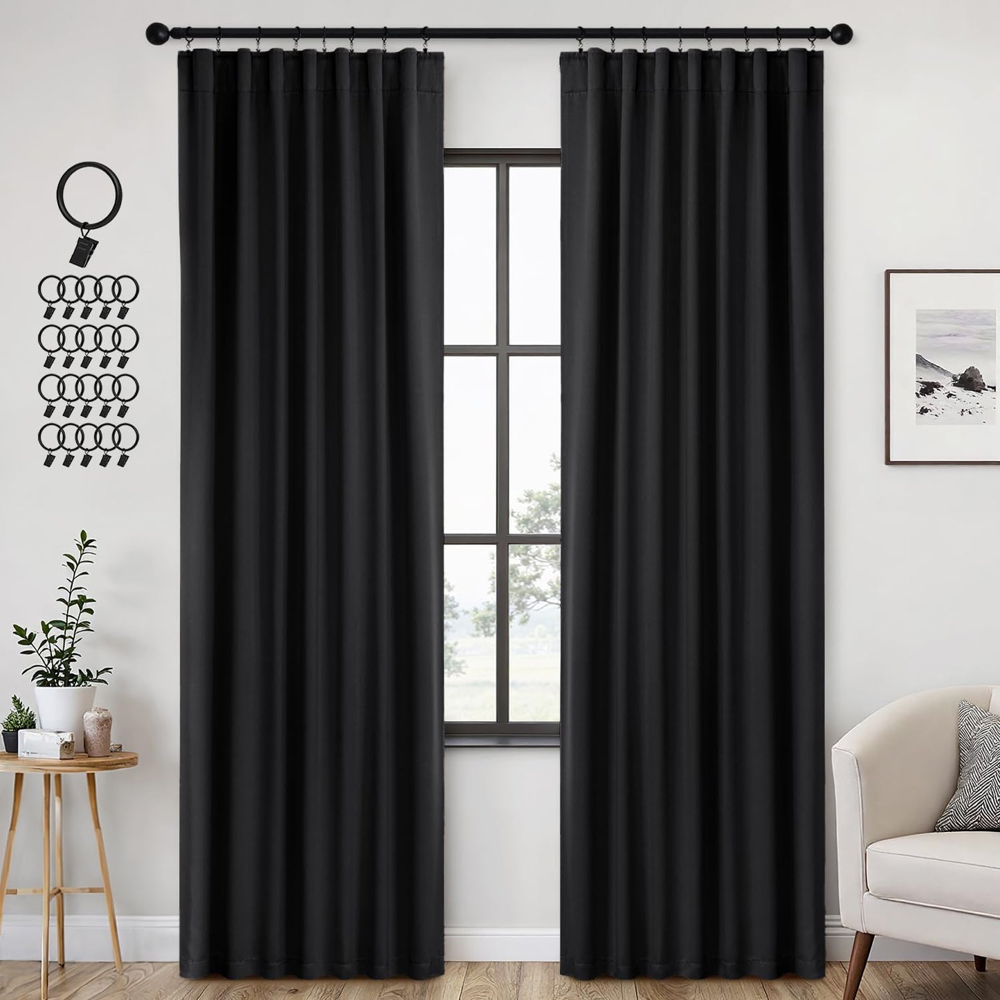 ANRODUO Back Tab Blackout Curtains for Bedroom Living Room, Rod Pocket Pinch Pleated Thermal Insulated Room Darkening Curtains 92 Inches Long 2 Panels, Black, 42 x 92 Inch