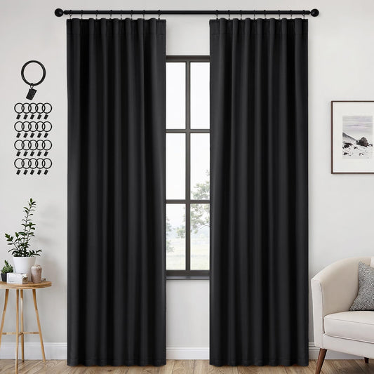 ANRODUO Back Tab Blackout Curtains for Bedroom Living Room, Rod Pocket Pinch Pleated Thermal Insulated Room Darkening Curtains 84 Inches Long 2 Panels, Black, 42 x 84 Inch