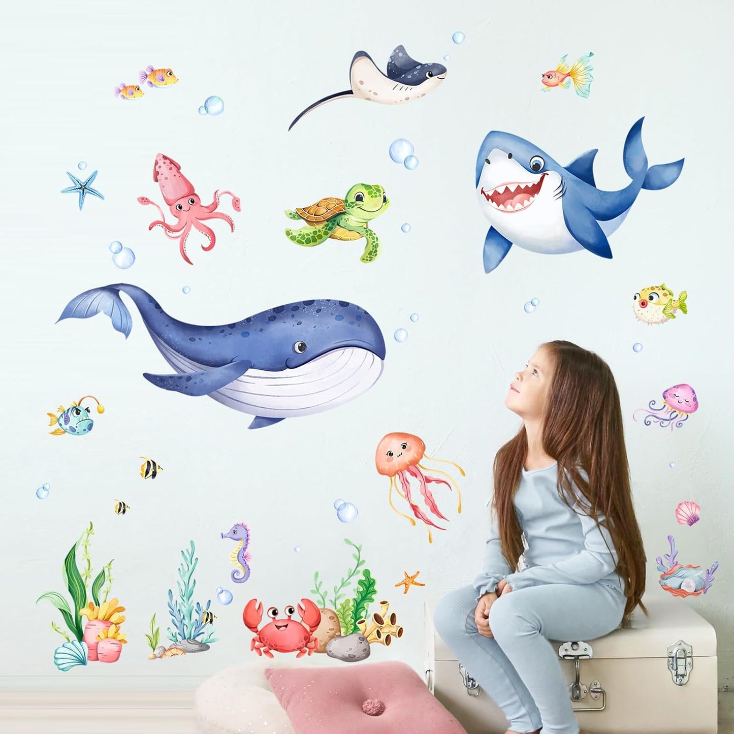 Supzone Under The Sea Wall Decals Ocean Whale Shark Turtle Seaweed Wall Stickers for Kids Toddlers Bedroom Living Room Baby Nursery Wall Decor