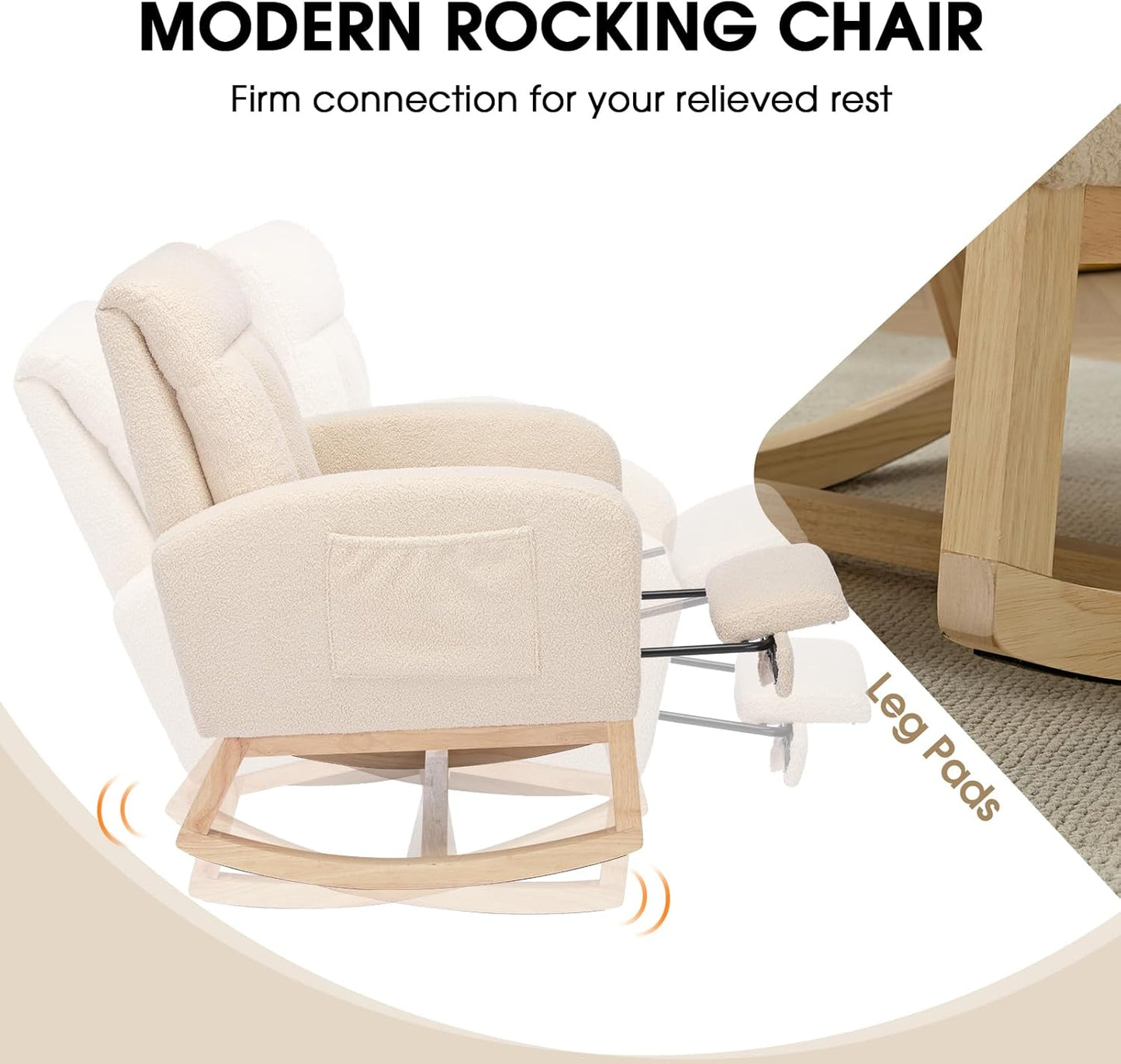 NIOIIKIT Modern Nursery Rocking Chair, Teddy Upholstered Rocking Chair with Footrest, Comfortable Glider Rocker with Side Pocket for Living Room, Bedroom, Nursing Room (Beige)