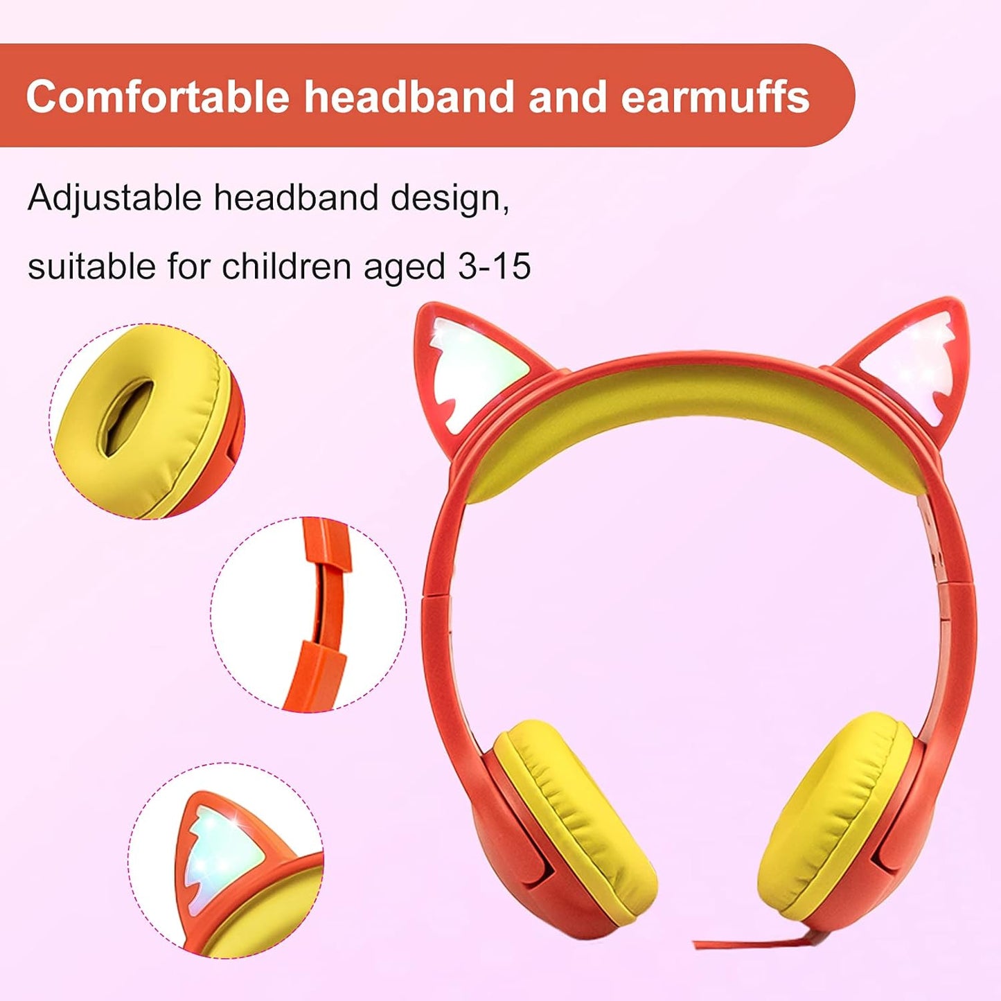 Olyre Kids Headphones Children Girls Boys Teens with LED Light Up and Sharing Port, Adjustable On Ear 3.5mm Jack Compatible School Cellphones Computer MP3/4 Tablets/E-Readers - Orange/Yellow
