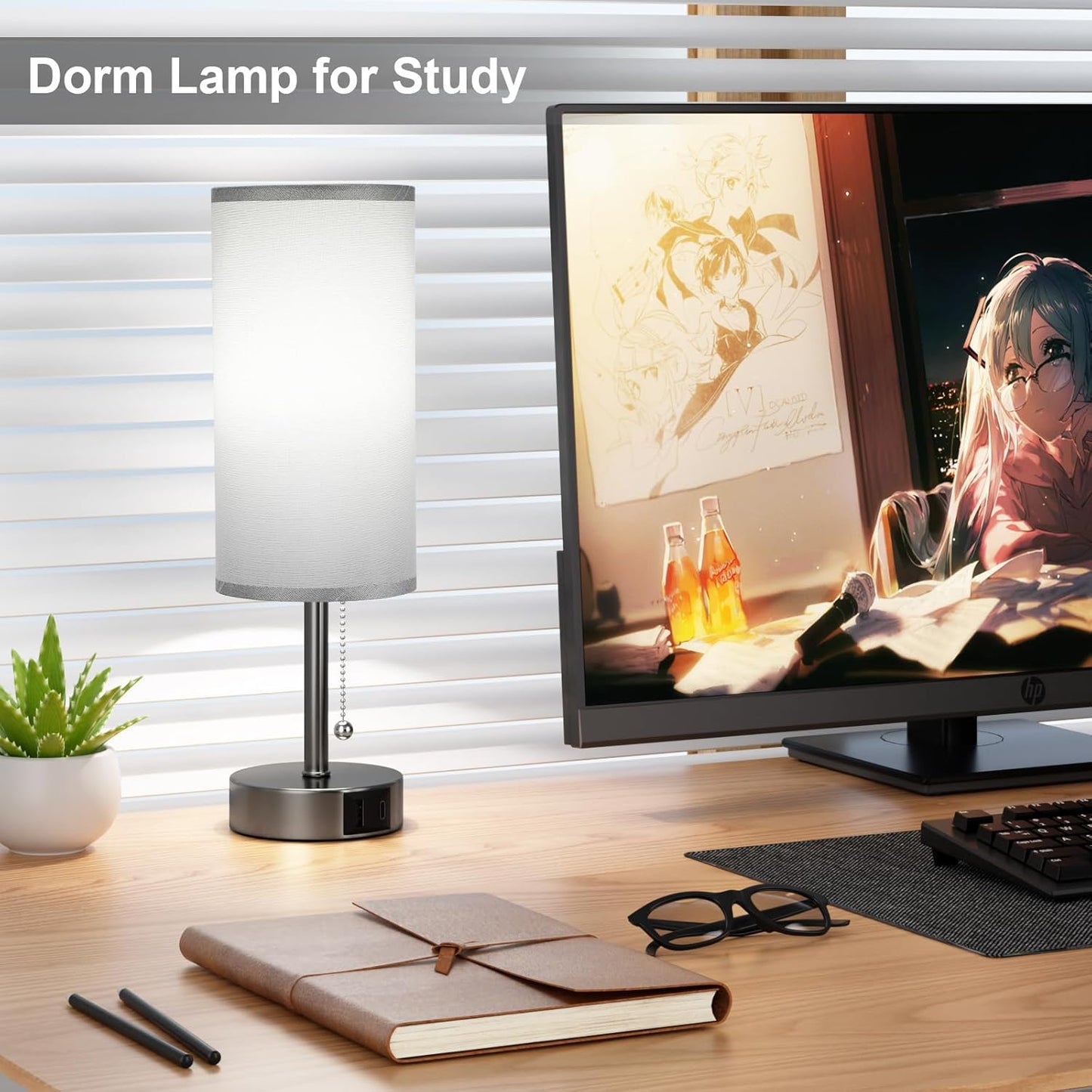 Grey Bedside Lamp for Bedroom Nightstand - Small Table Lamp with USB A + C Charging Port, 3 Color Temperatures Pull Chain Night Stand Light, Side Table Desk Reading Lamp for Living Room/Study Room
