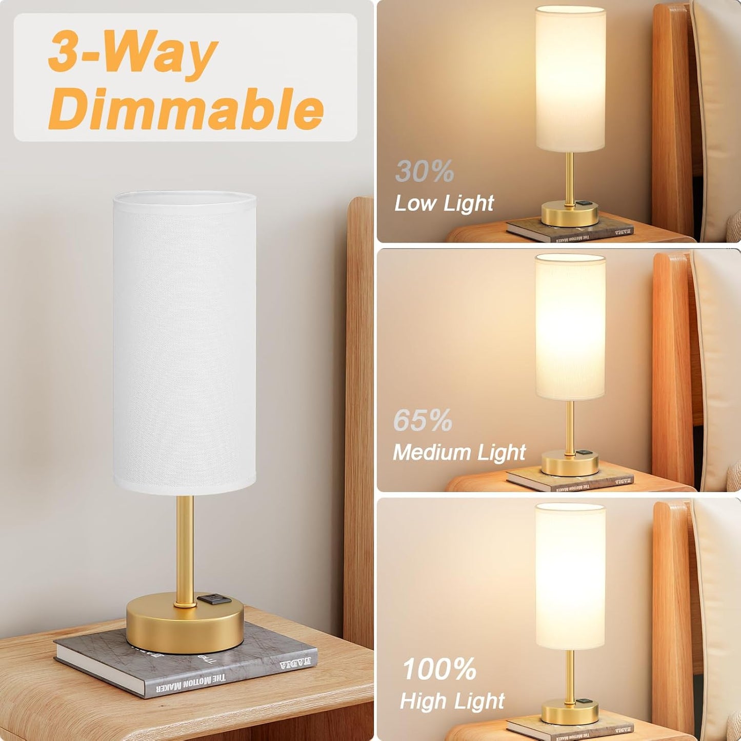 Elegant Gold Touch Table Lamp, Modern Wedding Gift for Couples, Bedside Lamps with USB-C USB-A Charging Ports, 3 Way Dimmable Small Lamp for Office, Living Room, Bathroom