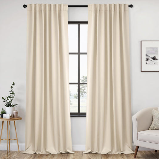 ANRODUO Back Tab Blackout Curtains for Bedroom Living Room, Rod Pocket Pinch Pleated Thermal Insulated Room Darkening Curtains 102 Inches Long 2 Panels, Cream Beige, 52 x 102 Inch