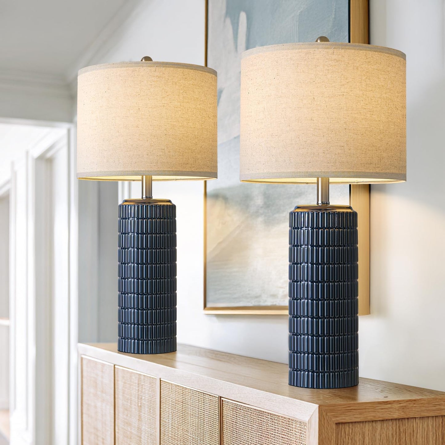 PoKat 27.5'' Tall Table Lamps for Living Room Set of 2, Ceramic Bedroom Lamps for Night Stands, Modern Bedside Lamps for Bedroom Living Room, Nightstand Lamps for Side End Table Hallway, Blue