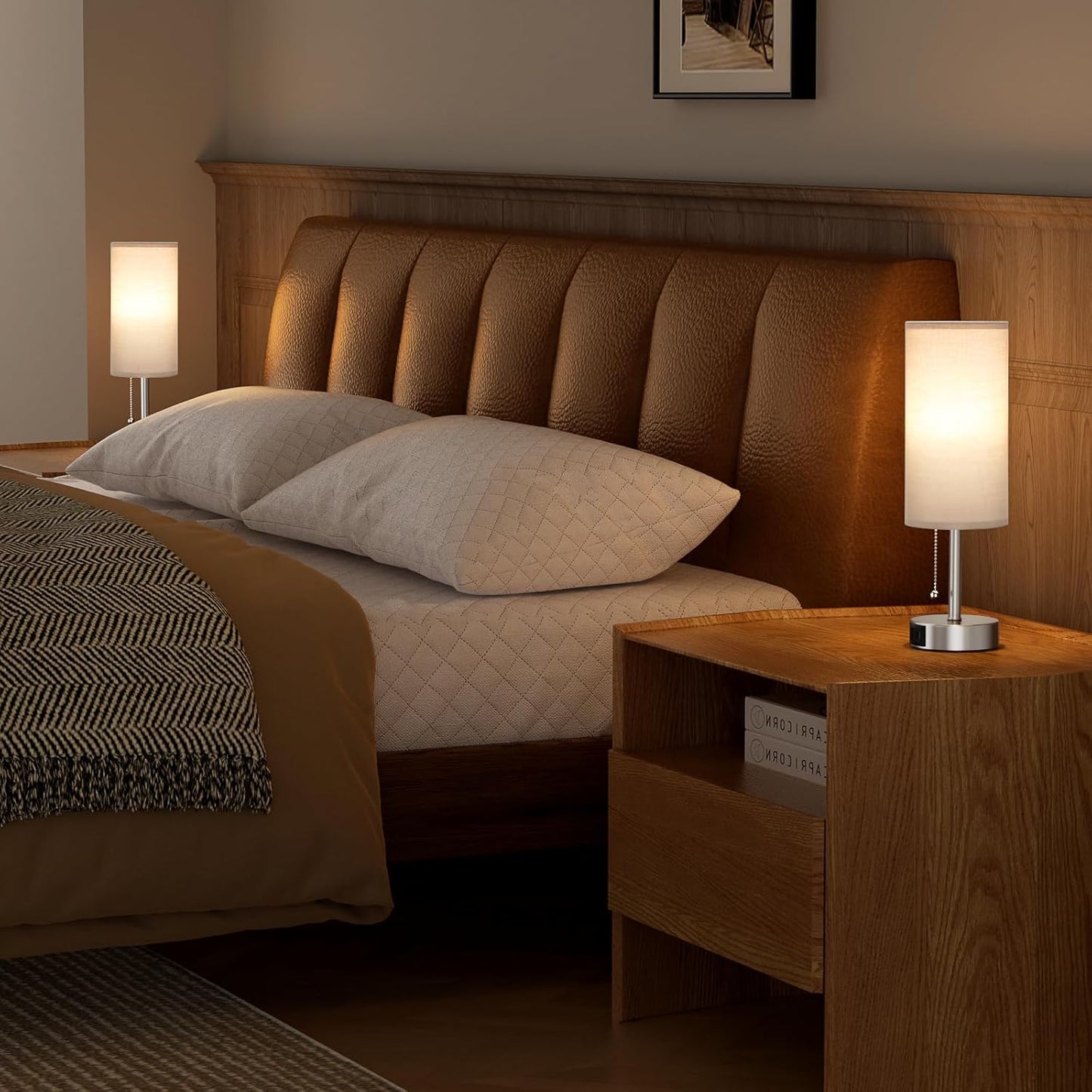 Silver Bedside Lamps for Bedroom Set of 2 - Nightstand Table Lamp with USB A + C Charging Port, 3 Color Temperatures Pull Chain Night Stand Light, Side Table Desk Reading Lamp for Living Room/Dorm