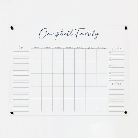 Personalized Clear Acrylic Calendar for Wall, Calendar Whiteboard for Wall, Dry Erase Wall Calendar, Wall Calendar Organizer System for Home (Cursive, Navy, 47.5"W x 36"H)