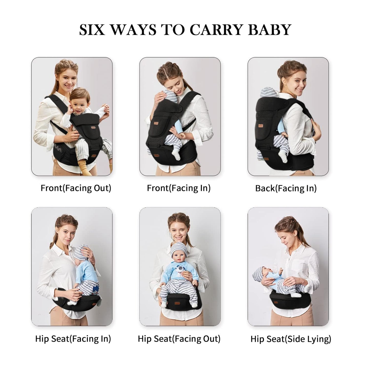 Baby Carrier with Hip Seat, Baby Carrier Newborn to Toddler, 6-in-1 Ways to Carry, All Seasons, Adjustable Baby Holder Carrier for Breastfeeding(Black)