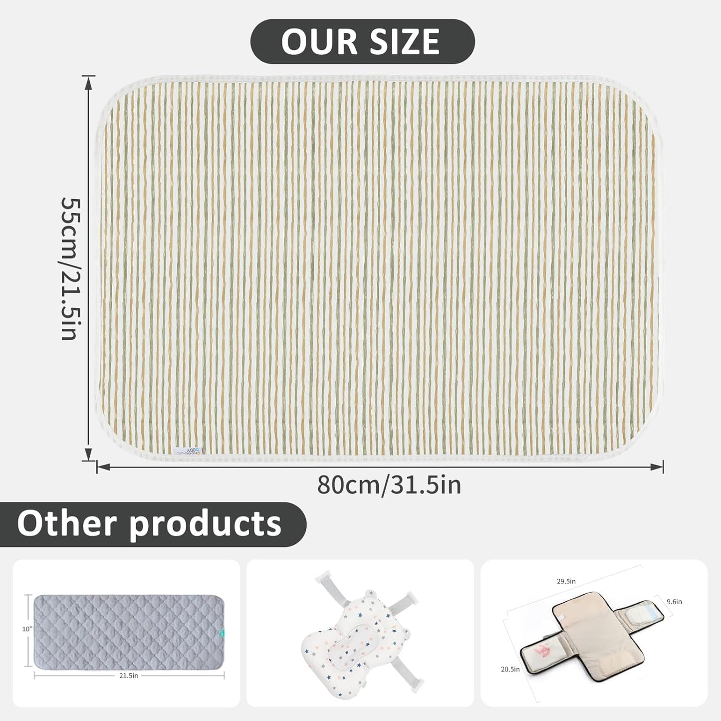 Baby Diaper Changing Pad, 21 5/8" x 31.5" Waterproof Changing Pad Liners - Reusable Soft and Absorbent Portable Changing Mat(Stripe1PCS)