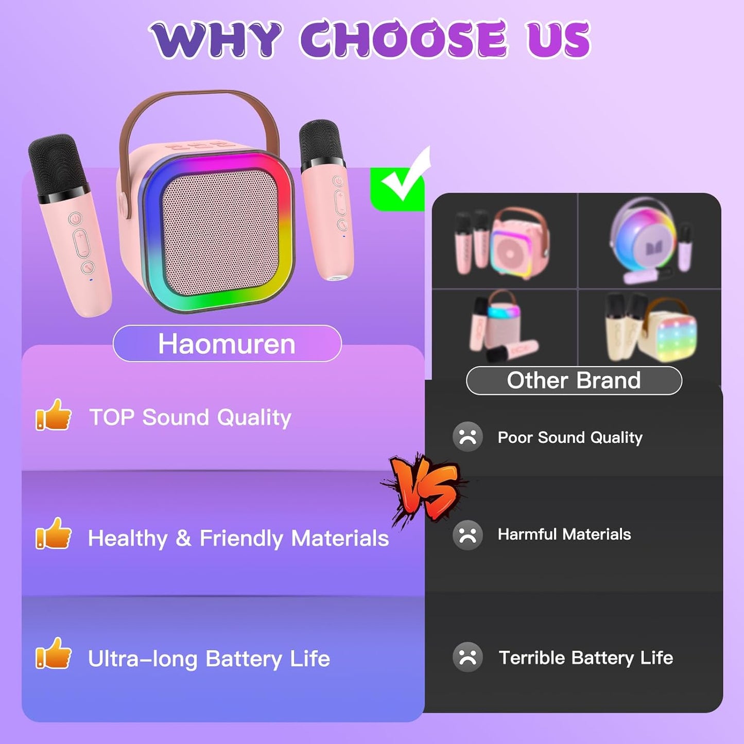 Mini Karaoke Machine for Kids, Haomuren Protable Bluetooth Speaker with 2 Wireless Microphone and LED Color Lights, Christmas Birthday Gifts Toys for Girls Boys Friends Age 3-12+ Years Old (Pink)