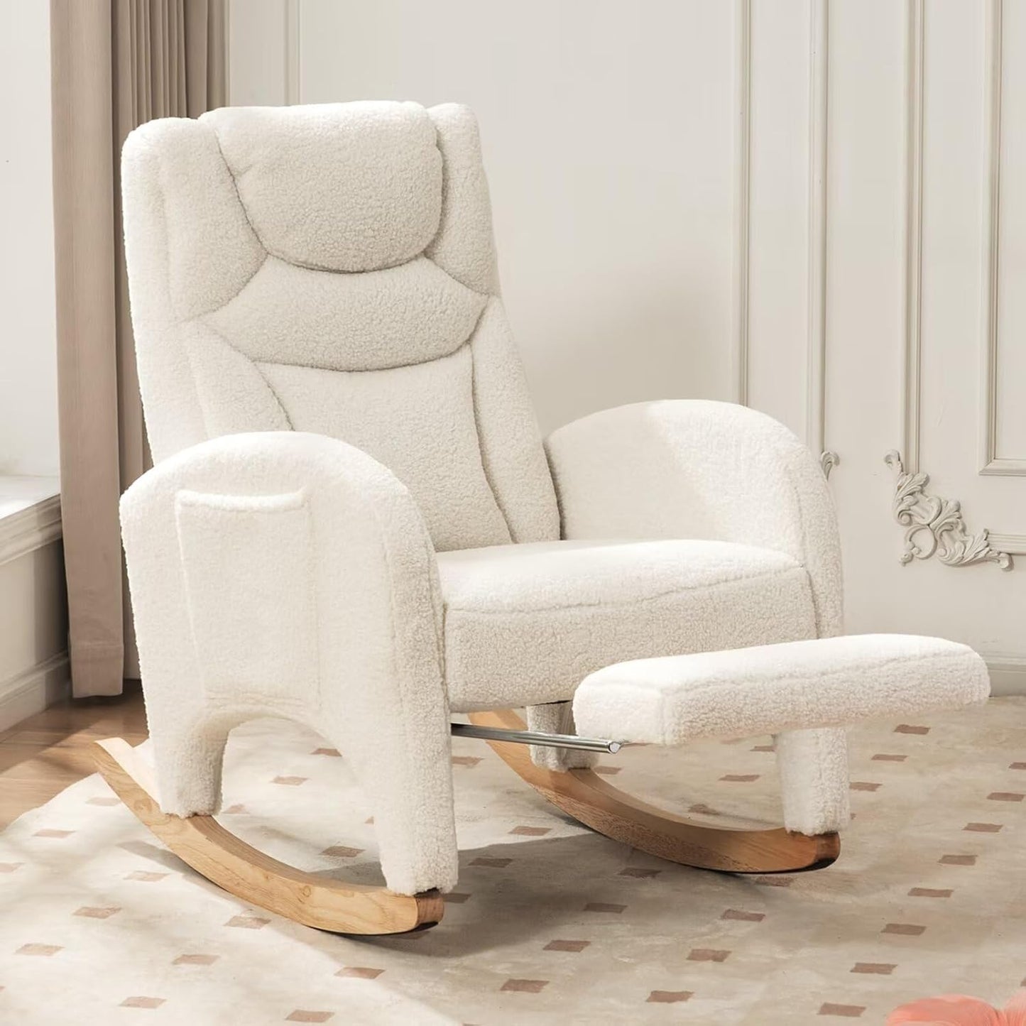 Rocking Chair Nursery, Modern Glider Chair with Adjustable Footrest and Solid Wood Legs, High Backrest Nursery Chair with Side Pocket, Rocker Armchair for Living Room Bedroom, Teddy Ivory