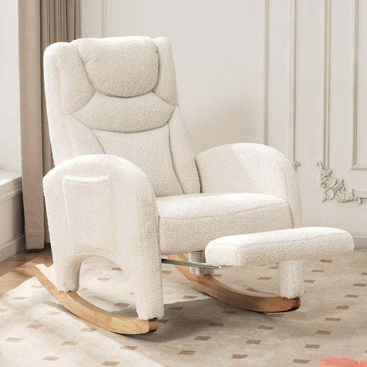 Rocking Chair Nursery, Modern Glider Chair with Adjustable Footrest and Solid Wood Legs, High Backrest Nursery Chair with Side Pocket, Rocker Armchair for Living Room Bedroom, Teddy Ivory