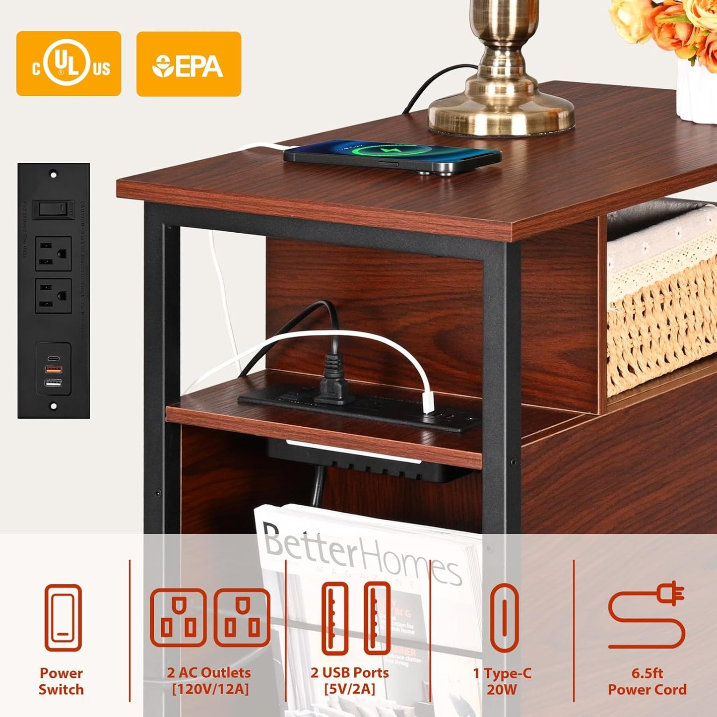 Narrow Side Tables with Charging Station, Narrow End Table with Wooden Drawers, USB Ports and Power Outlets, Nightstand and Bedside Table for Bedroom, End Tables Living Room, Espresso