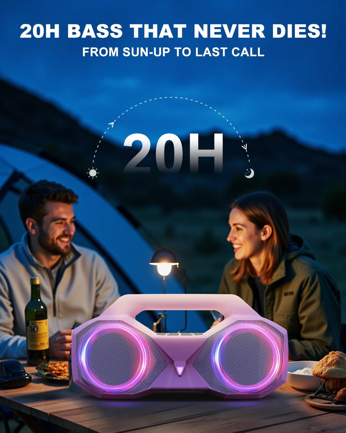 Bluetooth Speaker 80W(Peak)Loud with Bass, 20H Playtime, IPX7 Waterproof, RGB Lights, TWS, Large Portable Wireless Speakers for Outdoor, Home, Party, Pool, Beach, Tailgating, Gym, Work, Gifts (Pink)
