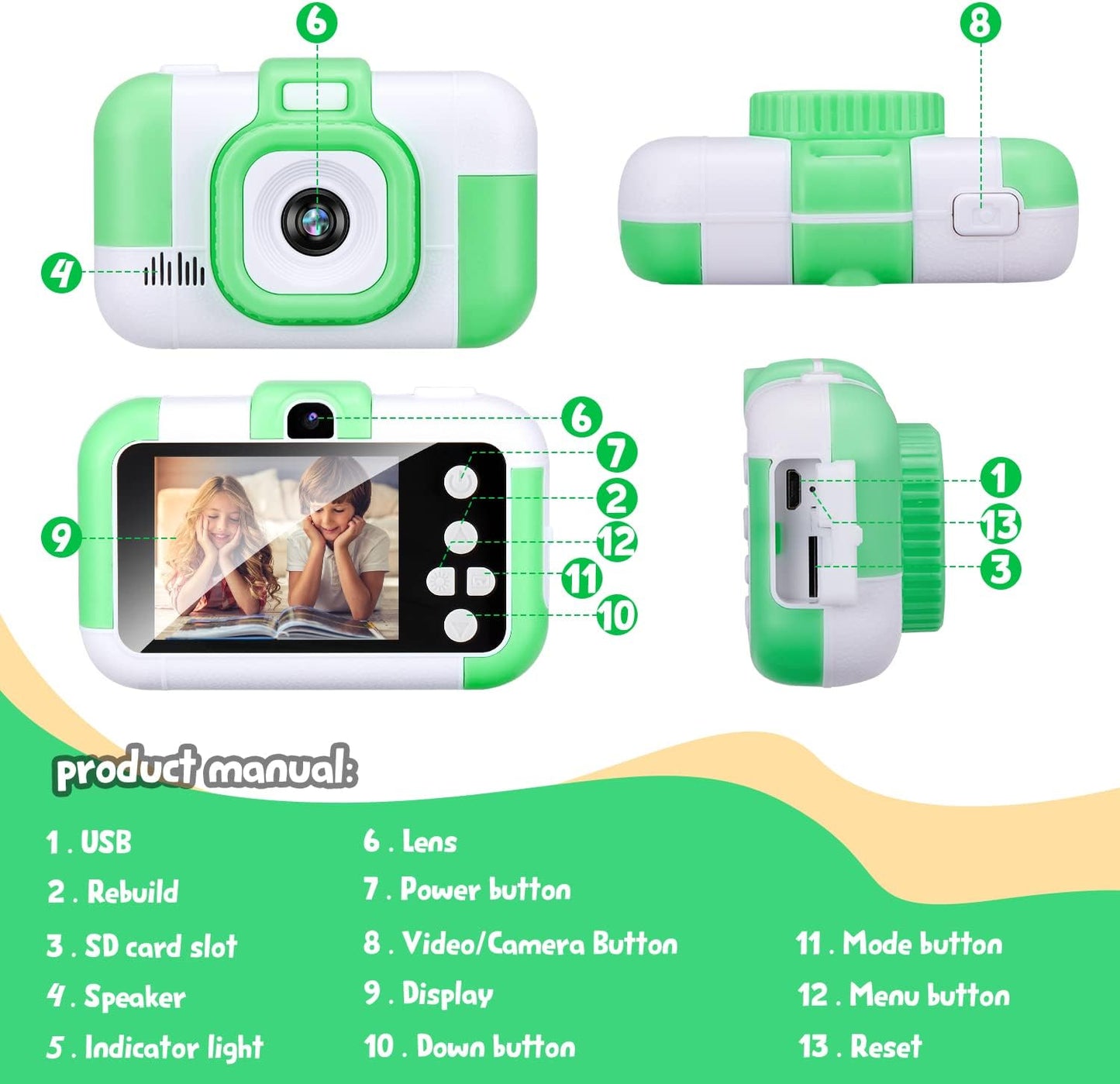 SUZIYO Kids Video Camera, Best Christmas Birthday Gifts Toys for Children, Toddlers Selfie Digital Camcorder 1080P Dual Lens 2.4 Inch HD for Age 3-8 Years Old Boys Girls with 32G SD Card, Green