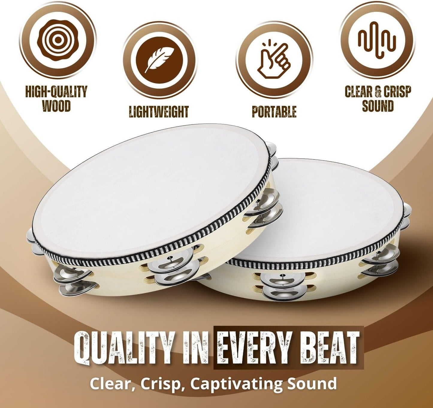 Flexzion Wood Handheld Tambourine for Adults 8-Inch Double Row 8-Pair Jingles (Wood) - Percussion Round Tamborines Musical Instrument with Metal Zills