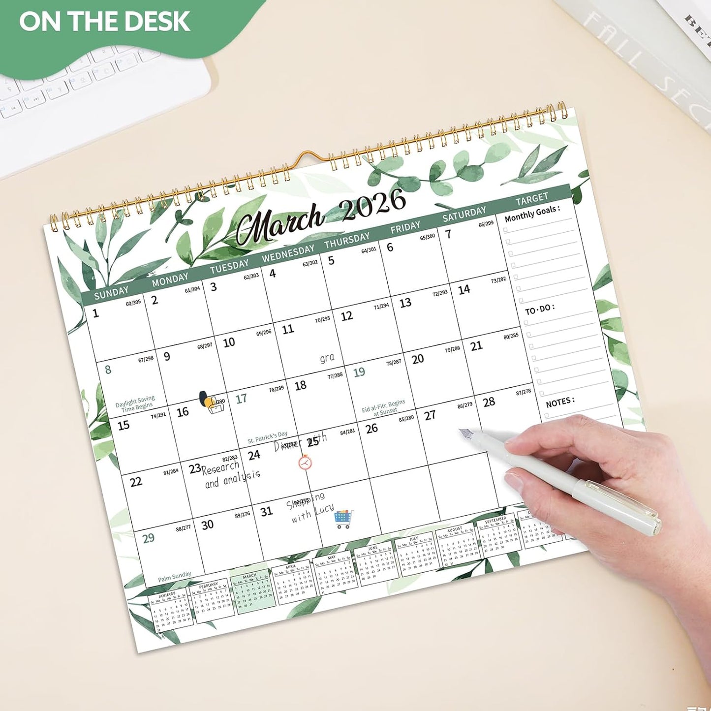 Wall Calendar 2026-2027, 18 Month Large Desk Calendar from January 2026 to June 2027 14.5" x 11.8" Monthly Calendar with Twin-Wire Binding for Home Office Planning Organisers, Green Leaf