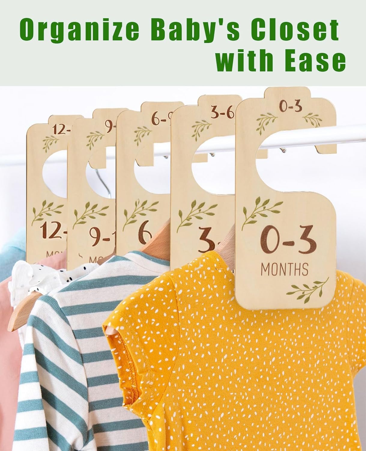 Closet Dividers for Baby Clothes, Wooden Double-Sided Hangers With Size Dividers, Organizer From Newborn to Toddler for Nursery Decor (Leaf)