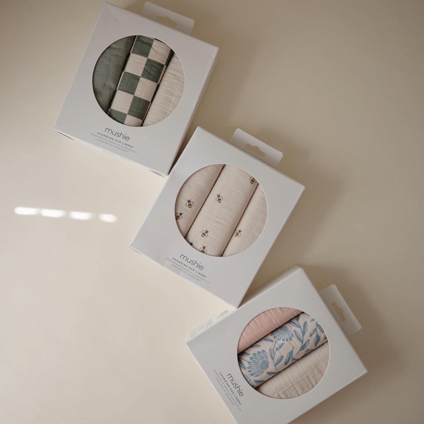 mushie Waterproof Changing Pad Liners | 100% Organic Cotton | Set of 3 (Olive Check Combo)