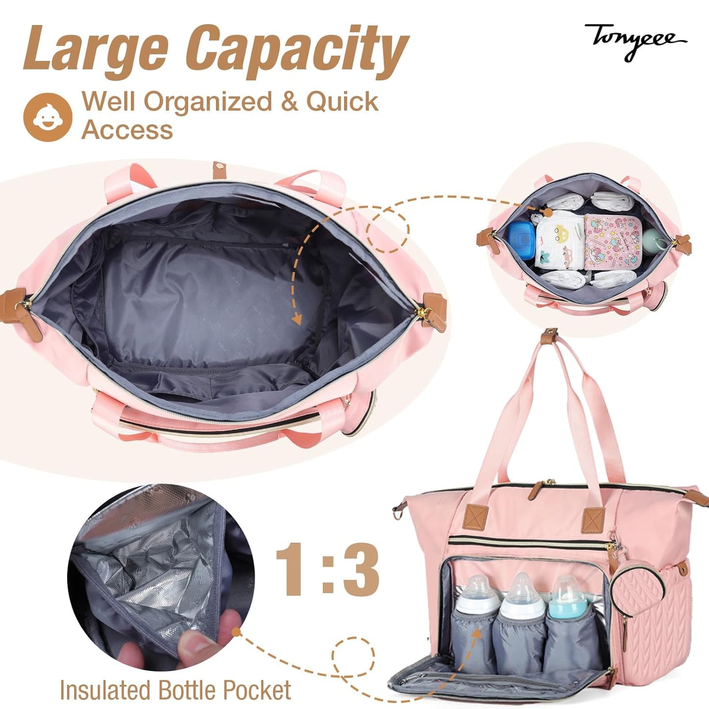 Diaper Bag Tote, Large Diaper Bags Waterproof, Hospital Bag for Labor Delivery, Baby Bag with Pacifier Case, Travel Diaper Tote with Changing Pad, Pink
