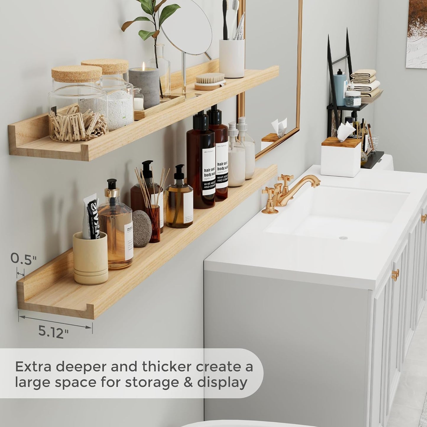 Picture Ledge Shelf, Floating Shelves Set of 2, 48 Inches Long Large Nursery Book Shelves for Toys Storage, Kids Bookshelf Wall Mounted for Living Room Bedroom Decor Books Photo Frames, Natural