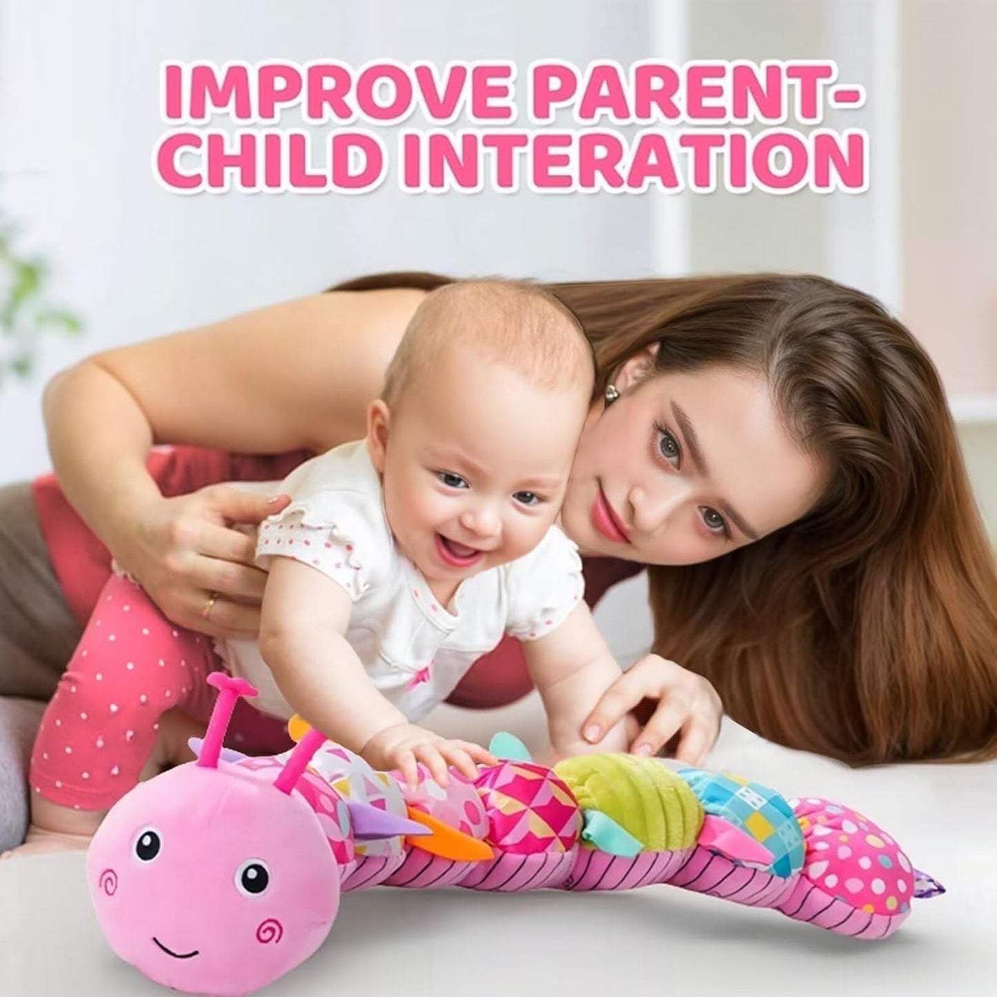 Baby Sensory Toys 0-12 Months, Plush Toys with Music and Rattle, Suitable for Newborn Baby Tummy time, can be Used as a Newborn Birthday, Holiday, Baptism Gift (Pink Caterpillar)