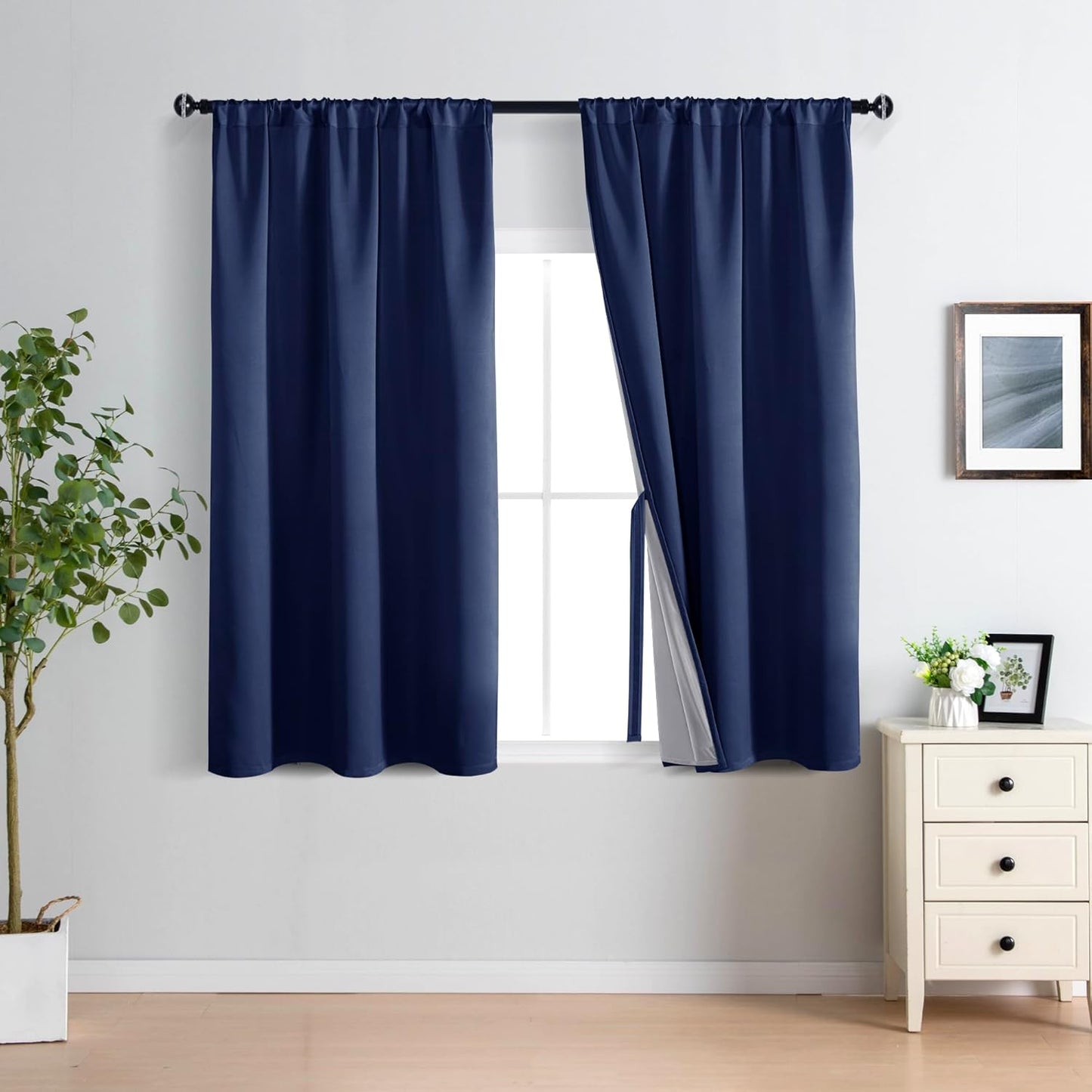 XWZO 100% Blackout Curtains 54 Inches Long with Tiebacks- Heat and Full Light Blocking, Thermal Insulated Rod Pocket Window Panels for Bedroom/Nursery, Navy Blue, W42 x L54, Set of 2 Draperies