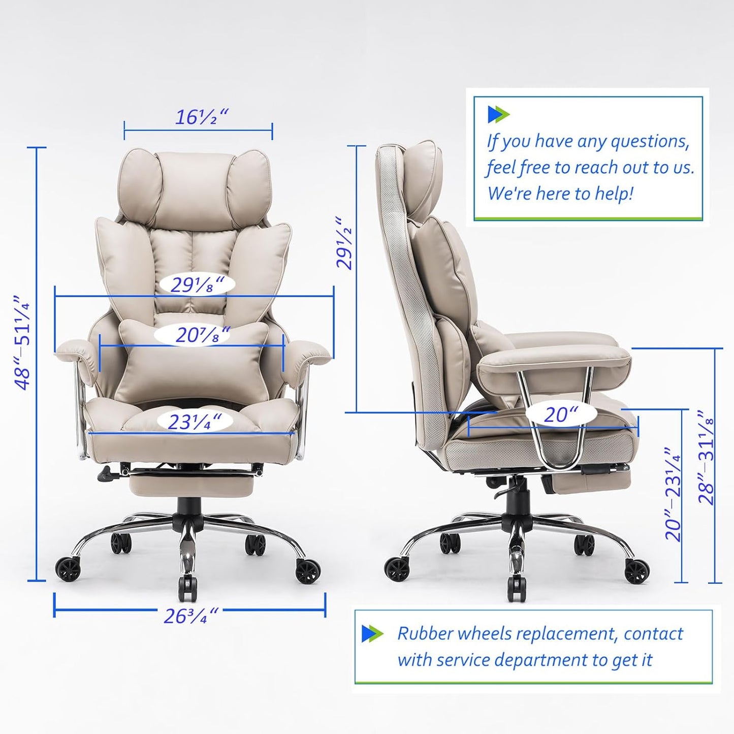 Efomao Big and Tall Office Chair 400lbs – High Back PU Leather Executive Chair with Lumbar Support, Footrest, Swivel Base, Padded Armrests, and Rolling Wheels for Home Office, Grey Computer Chair