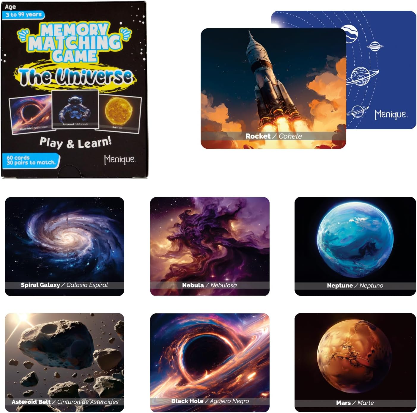 Menique Universe Memory Matching Game – 60 Cards (30 Pairs) – Bilingual Space Game with Planets, Stars & More – Educational for Kids and Adults