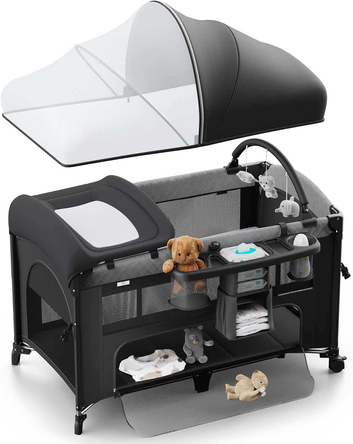 4 in 1 Baby Bassinet, Pack and Play, Bedside Crib Sleeper, Diaper Changer - Comes with Mattress, Mosquito Net，Bottom Storage and Toy Bar for Newborn to Toddles