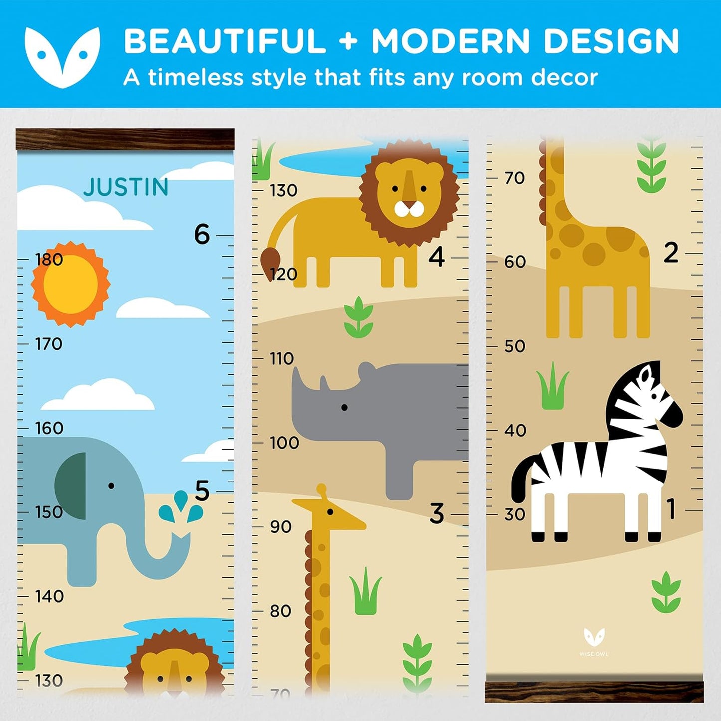 WISE OWL Personalized Growth Chart for Kids - Height Wall Chart for Boys with Peel & Stick Letters for Name - Hanging Canvas Wall Measurement Height Tracker for Baby Gift (Safari)