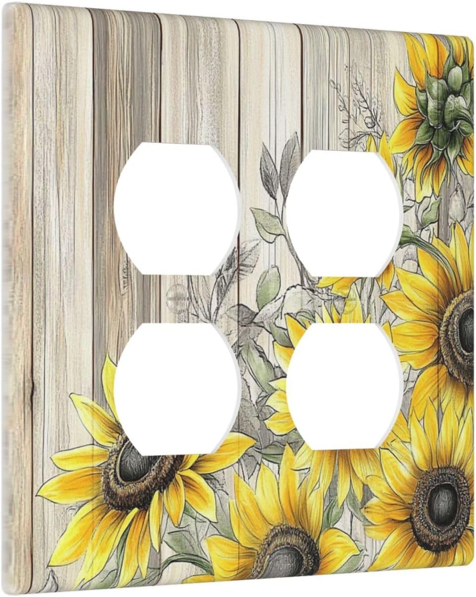 Outlet Covers Floral Sunflower Rustic Flower Vintage Wood 2 Gang Double Duplex Decorative Light Switch Covers Electrical Wallplates Socket Faceplate For Farmhouse Cabin Decor