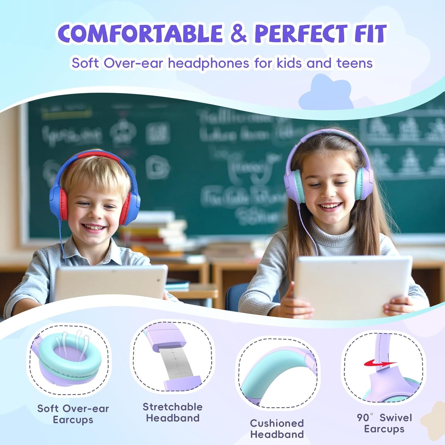 Kids Wired Headphones for School, 85/94 dB Volume Limit, Wired Over Ear Headphones for Girls Kids with Microphone, Foldable Stereo Sound 3.5mm Wire Cord for Kindle Tablet Airplane Travel, Purple