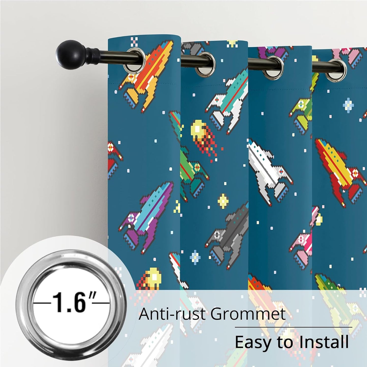 Pixel Rocket Kids Blackout Curtains - 100% Blackout, Thermal Insulated, Noise Reducing, Perfect for Kids Room and Nursery, 2 Panels (Pixel Rocket Fleet, W52×L84)