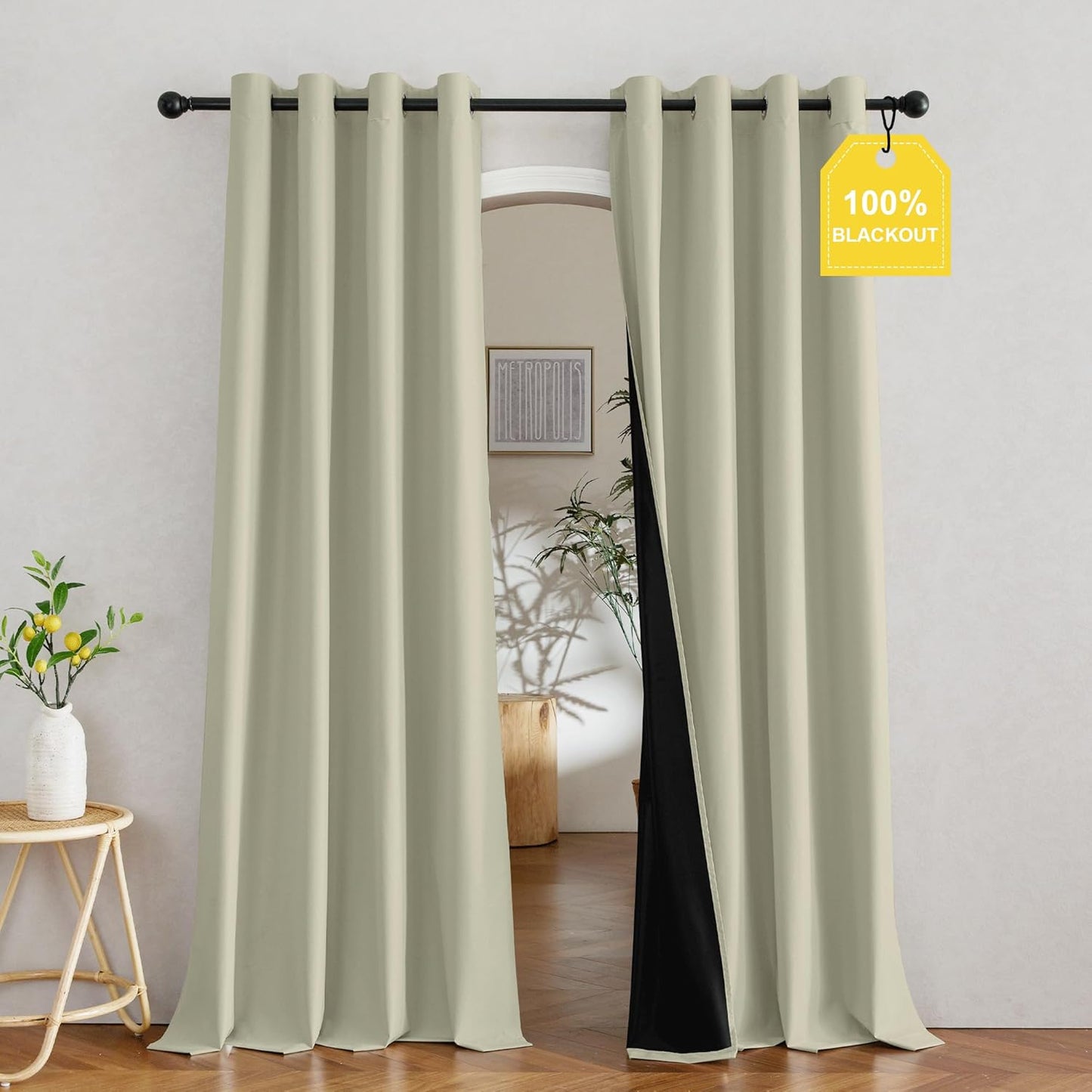 NICETOWN 100% Blackout Muted Beige Curtains 84 inches Long, Grommet Energy Saving Thermal Insulated Window Treatments Lightweight for Bedroom/Home Office, W52 x L84, 2 Panels