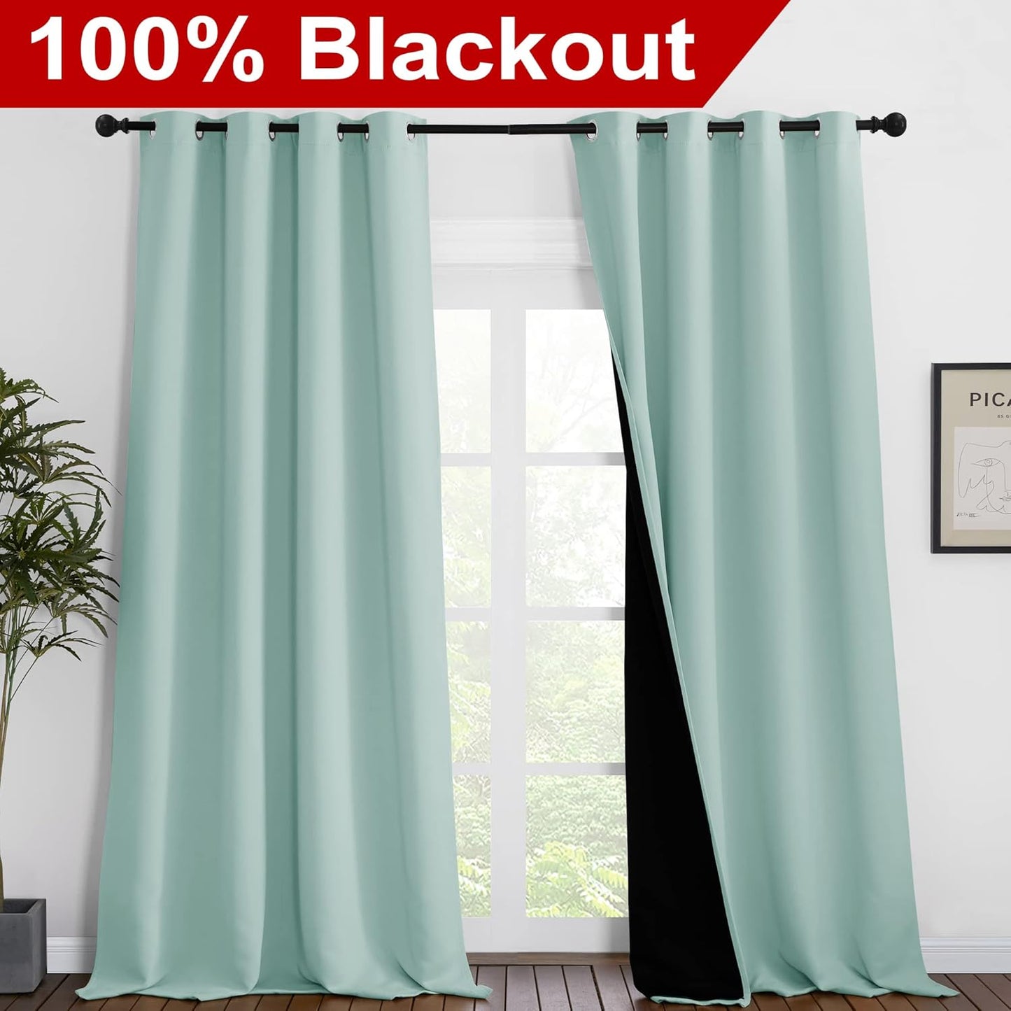 NICETOWN Full Shading Curtains for Windows, Super Heavy-Duty Black Lined Blackout Curtains for Bedroom, Privacy Assured Window Treatment (Aqua Blue, Pack of 2, 55 inches W x 102 inches L)