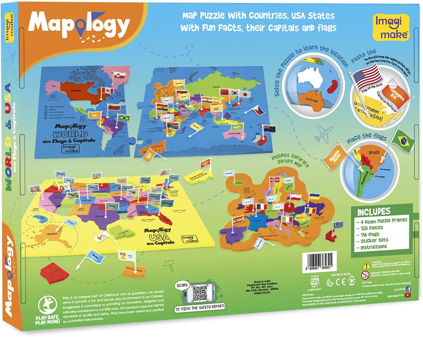 Imagimake Mapology USA & World Map Puzzle with Flags, Capitals, Stickers | Educational Toys for Ages 5-7 | Jigsaw Puzzles for Kids Ages 8-10 | Geography Toys for Ages 8-13 | 6 Year Old Boy/Girl Gifts