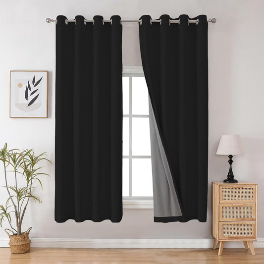 Joydeco 100% Blackout Curtains 72 Inch Long, Black Black Out Curtains for Bedroom Windows, Room Darkening Thermal Insulated Short Textured Grommets Drapes for Living Room