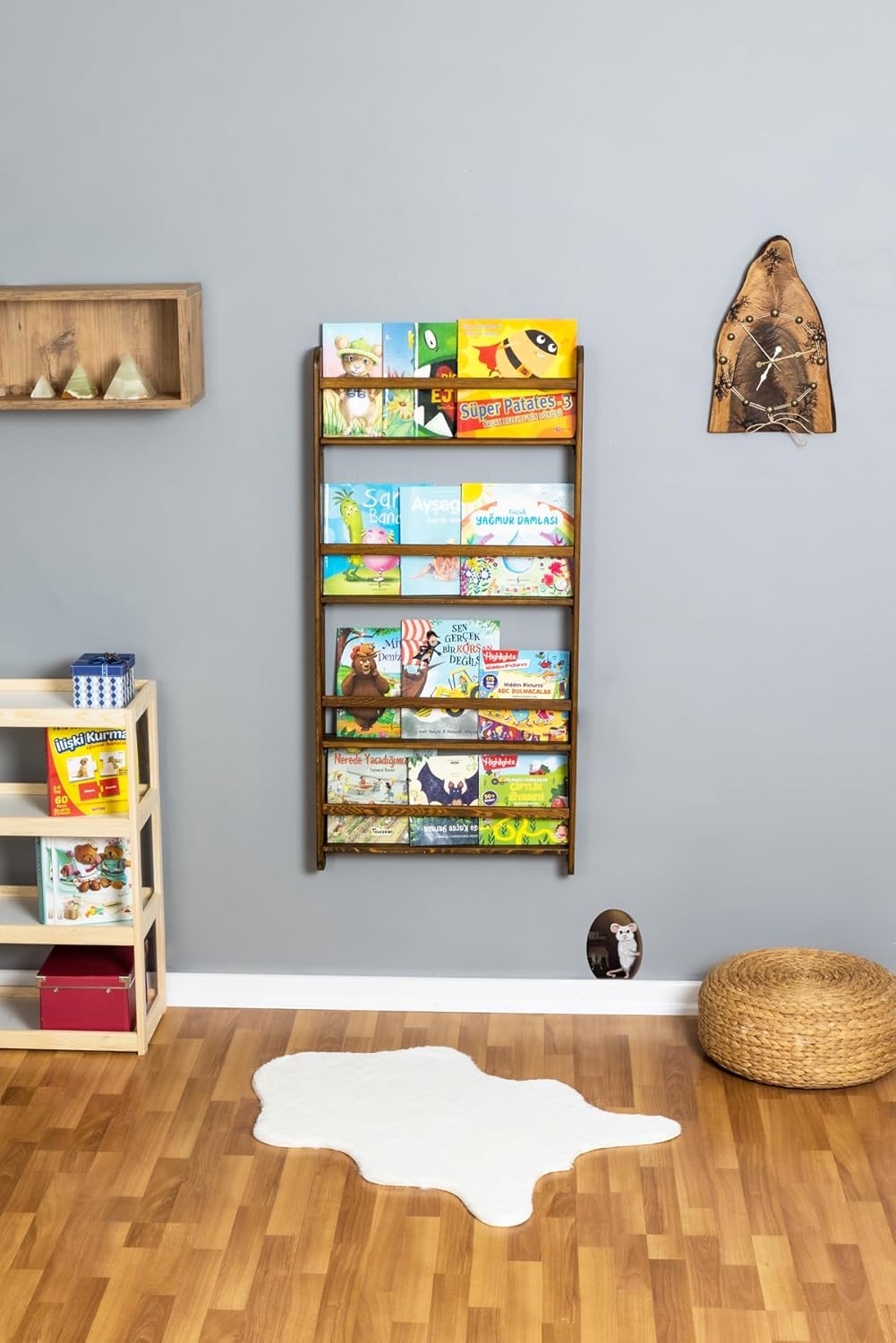 Handmade Solidwood Wall Mounted Montessori Kids Bookshelf, 4 Tier Book Display for Children Bedroom, Nursery Furniture Bookcase, Wood Pine Tree Book Organiser for Living Room (Walnut)