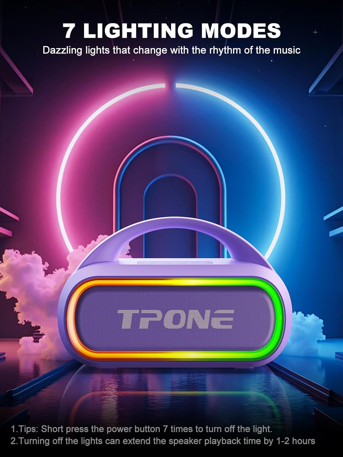 TPone Portable Bluetooth Speaker, 30W (Peak) Wireless Speaker for Outdoor, Up to 12H Playtime, IPX5 Waterproof with Light, TWS Pairing, for Home/Party/Outdoor/Beach, Birthday Gift (Chilled Lilac)