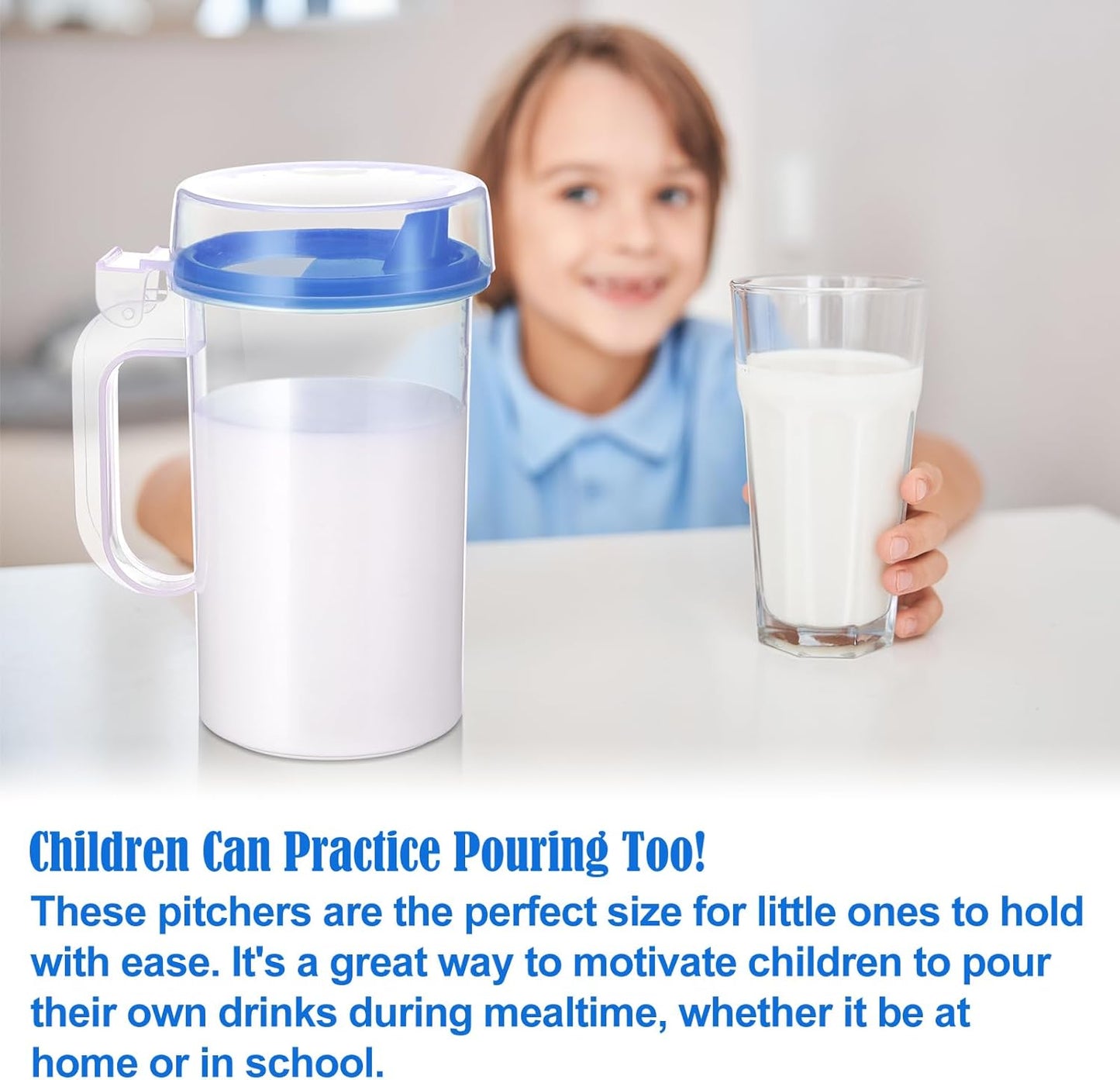 Newtay 6 Pack Early Learning Kids Easy Pouring Mini Pitchers Clear Plastic Pitcher with Lid and Handle Easy Pour Bottles 16 Oz. Jugs with Lids for Classroom Nursery Home (Blue)