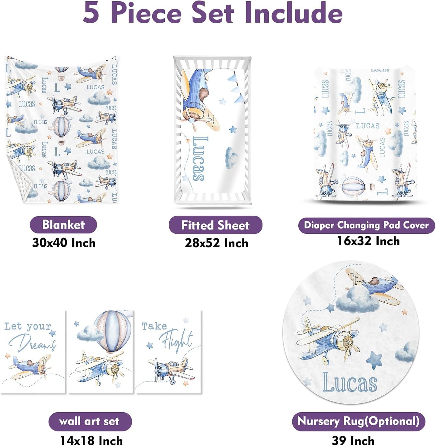 Personalized Baby Crib Bedding Set for Baby Boys Girls, Toy Airplane Pattern Custom Name Baby Crib Sets 5-Pcs, Toddler Double Layer Blanket Fitted Sheets Changing Pad Cover Rug Wall Art Set
